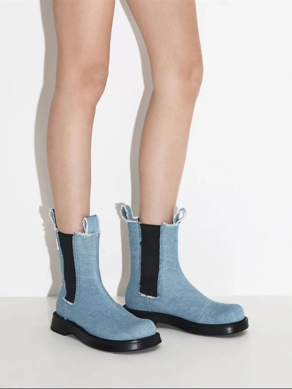 Charles & Keith Light Blue Denim Chelsea Booties with Black Panels